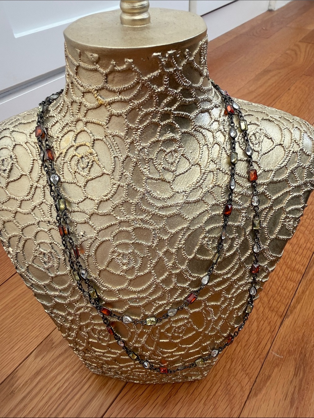 Long Double-Strand Beaded Necklace in Amber and Olive with Gunmetal Chain